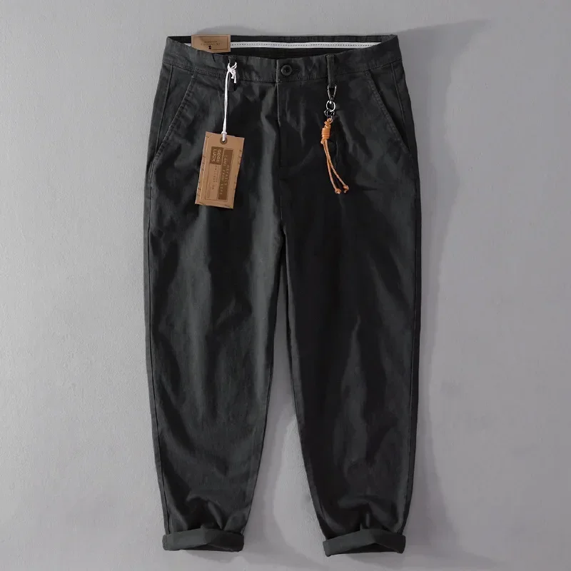 

Japanese Black Cargo Pants Men Four Seasons Daily Casual Man Pants Cotton Straight Trousers with Key Chain Nine Point Baggy Pant