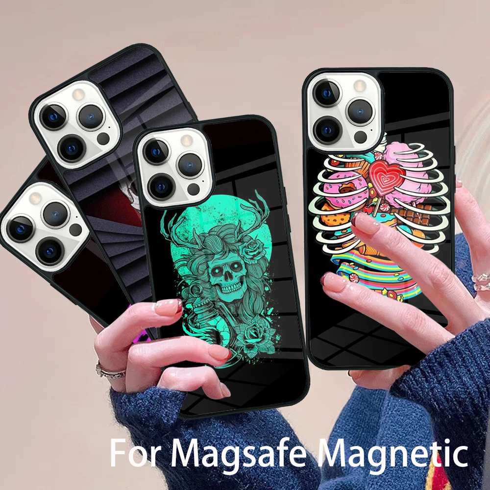 

Creative dark skeleton Phone Case Magesafe Magnetic Wireless Charge Cover For IPhone 16 11 12 13 14 15 Pro Max Plus Mini