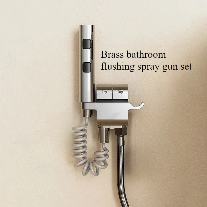 Women's Washing Gun Gray White Bathroom High-pressure Copper High-pressure Toilet Companion with Two Buttons for Flushing