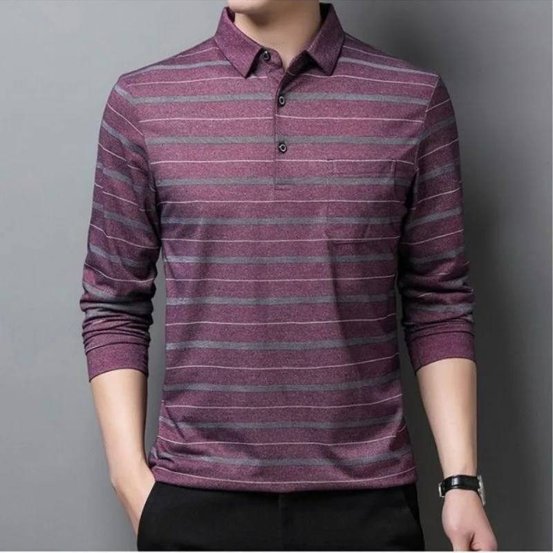 Fashion Men Clothing Long Sleeve Striped Polo Shirts Spring Autumn Business Casual Streetwear Korean New Loose Versatile Tops