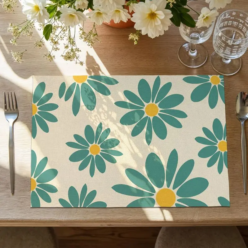 VIKAMA 2/4/6PCS Fresh Green Daisy Placemats Heat Resistant Washable Non Slip Farmhouse Kitchen Home Decor