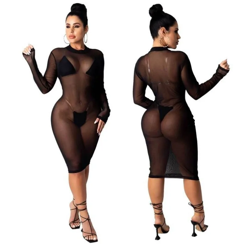 Sexy Long Sleeves Dress Mesh Women Night Gowns Club See-through O-neck Tight Streetwear Underwear Pajamas Loungewear Black