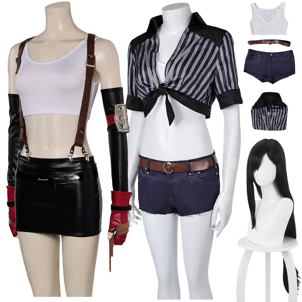 Tifa Lockhart fantasia cosplay para mulheres, maiô listrado preto, fantasia final do jogo Cos fantasia, roupas de Halloween, terno de festa carnaval