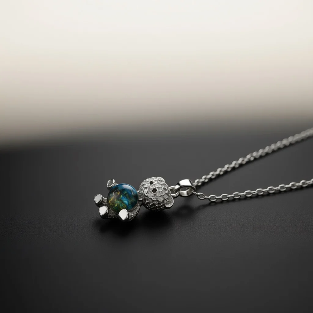 Playful Silver Tone Copper Chain Necklace, Cute Bear Pendant With Galaxy Color Bead & Clear Zircon Jewelry for Casual Matching