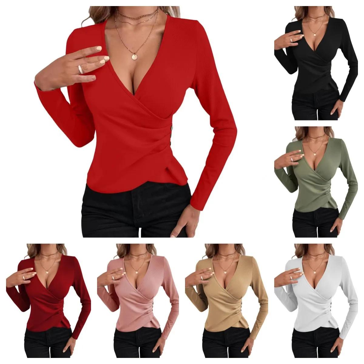Women's V-neck Asymmetrical Three Buttons Sexy Elegant Style Solid Color Slim Women's T-shirt