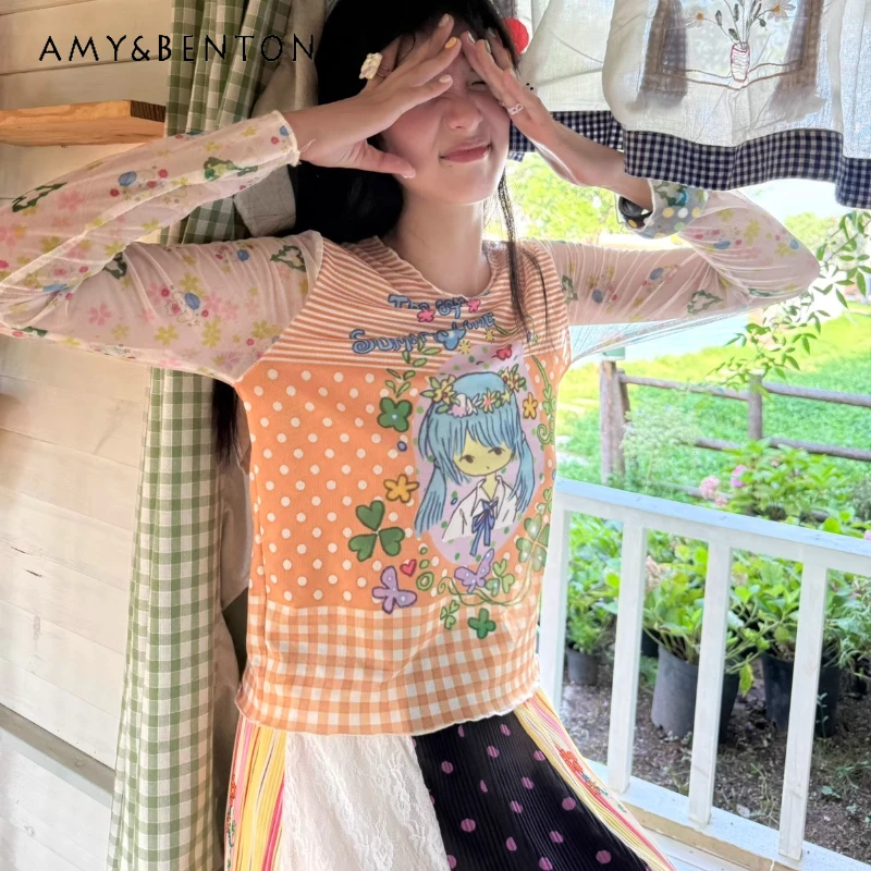 

2025 Summer New Sweet Cartoon Animation Printing Women's T-shirt Japanese Kawaii Striped Mesh Thin Long-sleeved T-shirts Ladies