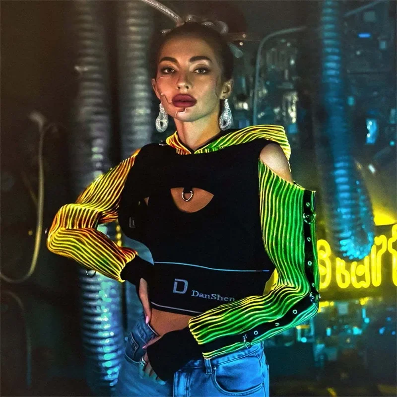 Glowing top, dark short, hoodie, luminous fiber optic performance suit, nightclub.