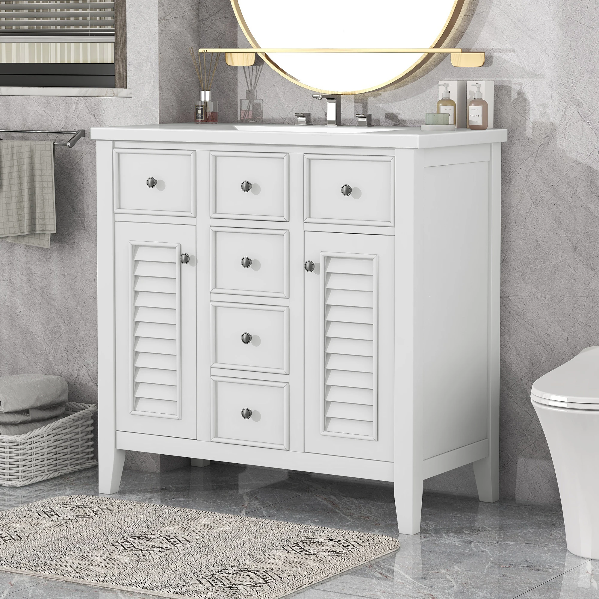 

36" Bathroom Vanity with Ceramic Basin, Two Cabinets and Five Drawers, Solid Wood Frame, White