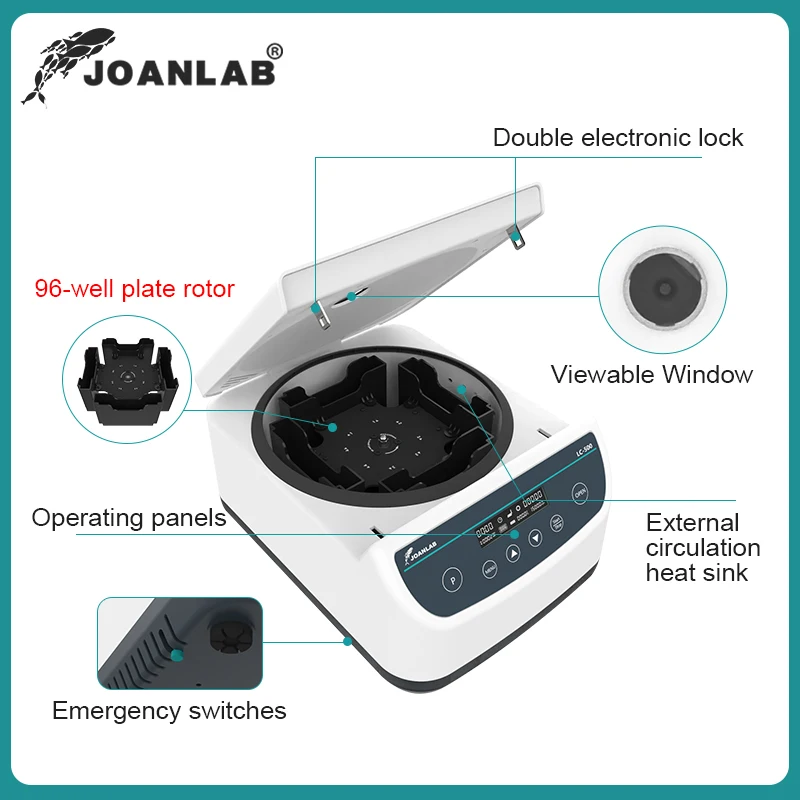 JOANLAB Центрифуга для микропланшетов 500~2000 об/мин с цифровым дисплеем Лабораторная центрифуга-ротор Подходит для 96-луночных 384-луночных планшетов