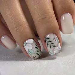 24Pcs Simple Blue Fake Nail with Green Leaves Design Short Square Head False Nails Wearable Acrylic Finsied Press on Nails