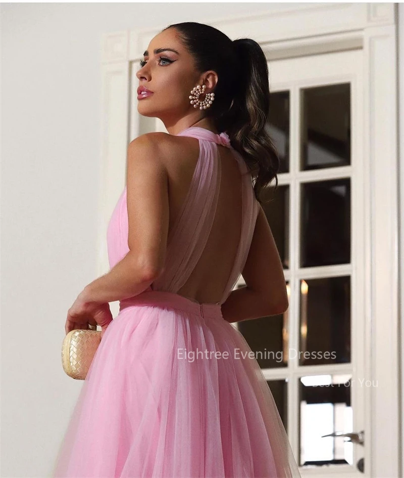 Eightree-Robe de soirée à col en V en tulle pour femme, licou rose sexy, robe formelle longue avec train, événement, quelque soit