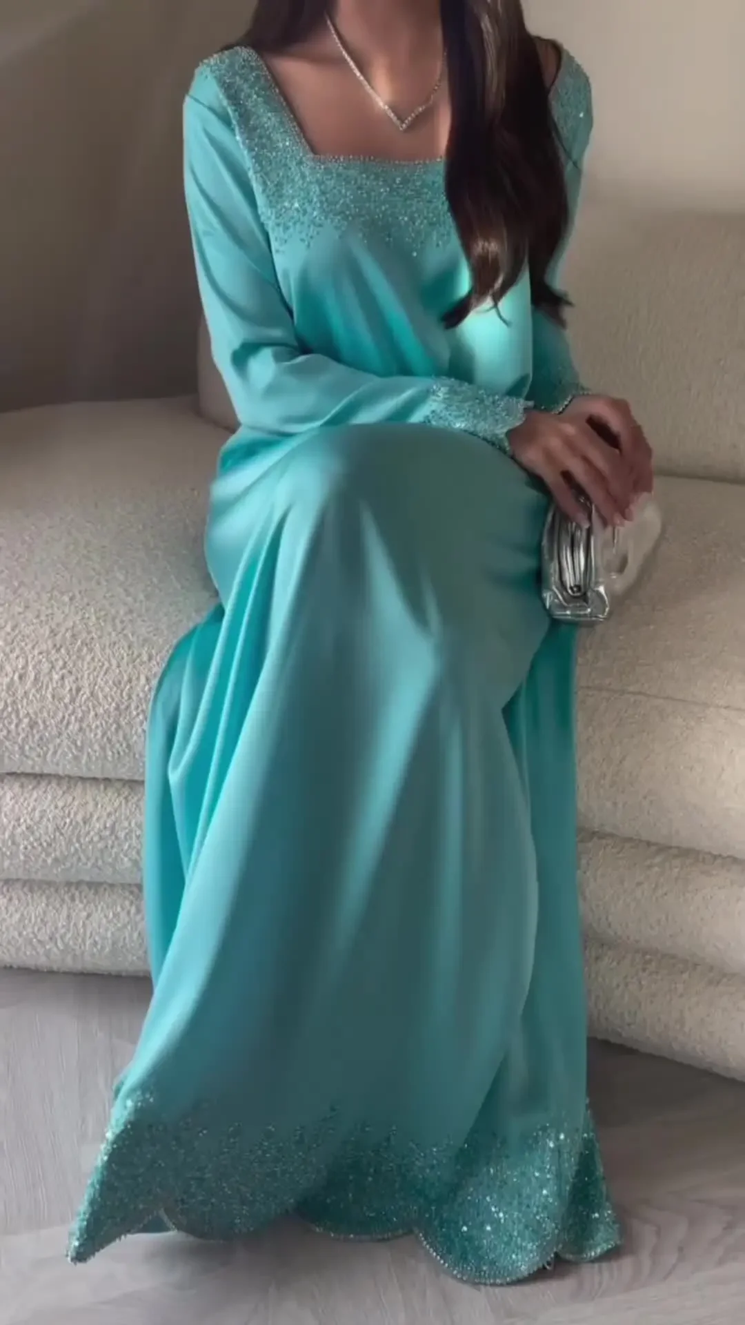 Elegant Long Sleeves Prom Dresses Square Blue Beadings Crystals Evening Dresses Floor Length Formal Party Dresses