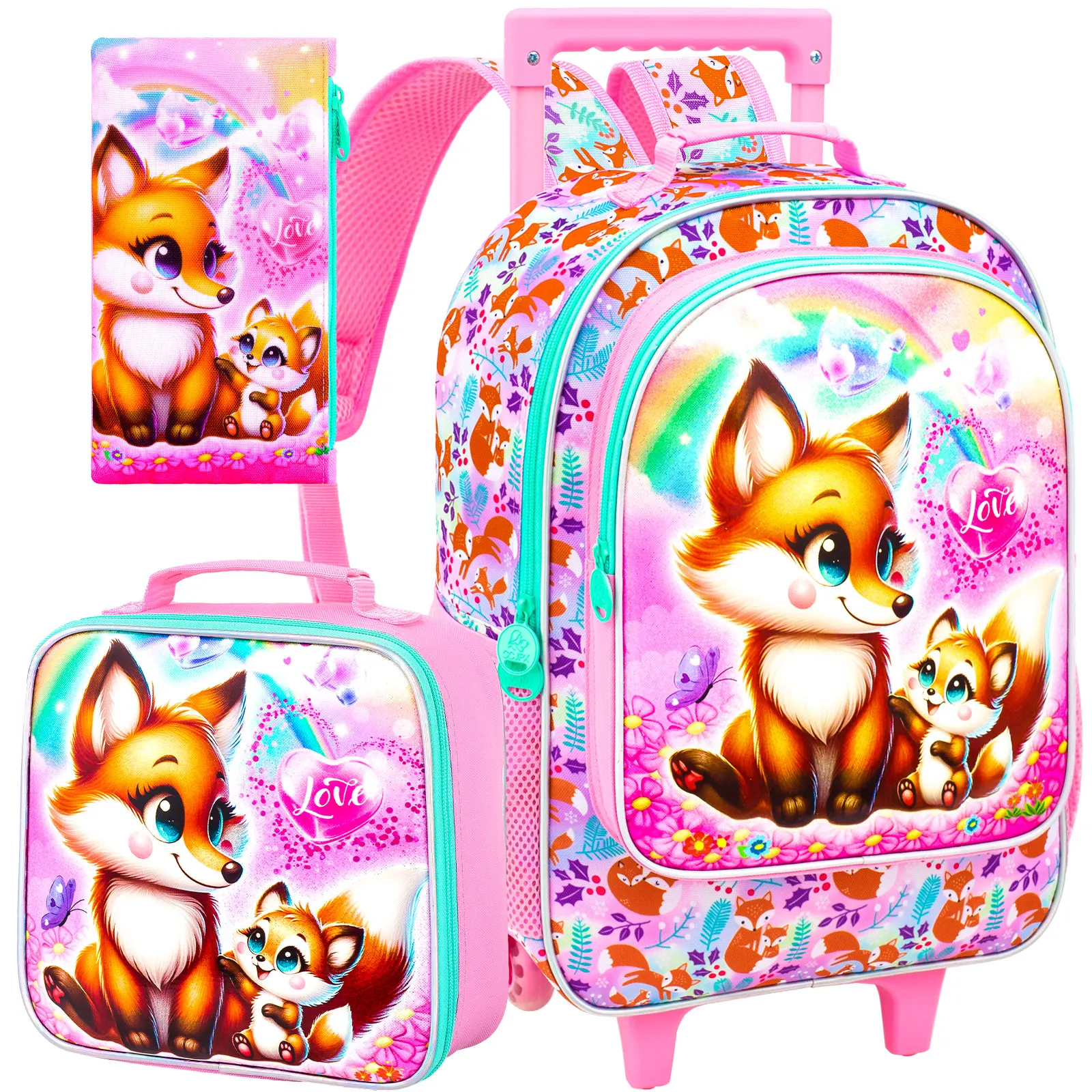 

3PCS Girls Rolling Bookbag, Cute Kids Fox Wheeled Backpack，Roller School Bag with Wheels for Elementary Preschool Travel