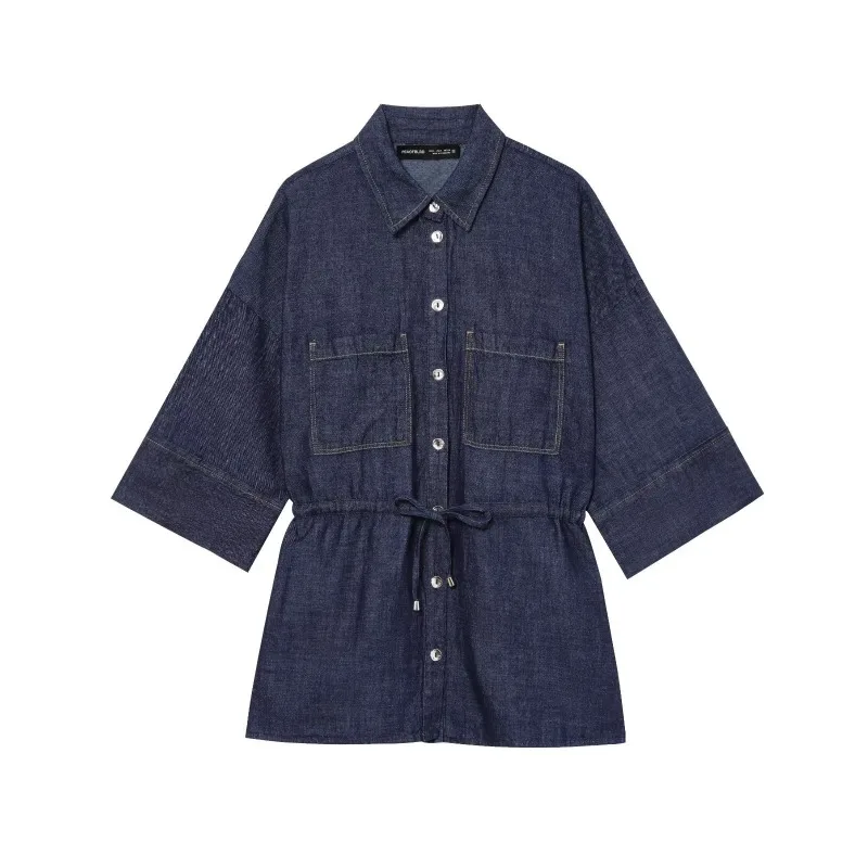 Fashion denim collar Button Lace up Short Sleeve shirt+wide leg pants 2-piece set spring summer Women Sets New Casual Loose Suit
