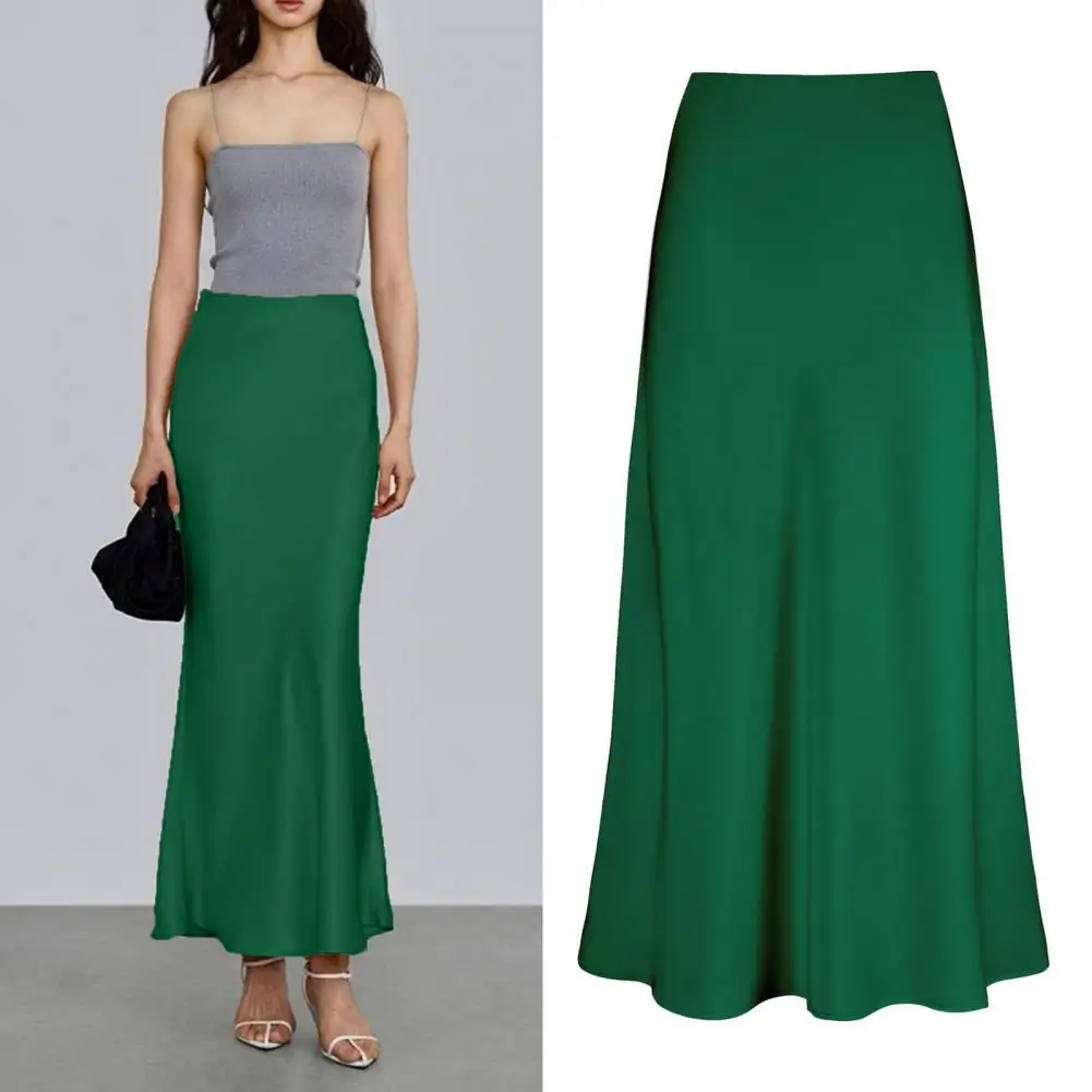 Smooth Satin Skirt Women Spring Summer High Waist Silky Texture Maxi Skirt Solid Color Fishtail Long Skirt