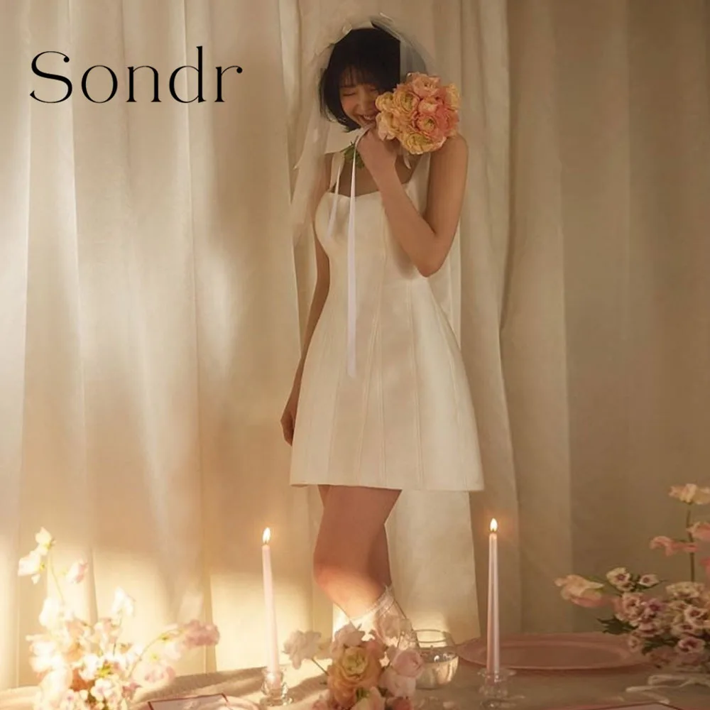 

Sondr индивидуальные атласные короткие свадебные платья трапециевидной формы, корейские свадебные платья с квадратным воротником, платье для фотосессии невесты выше колена