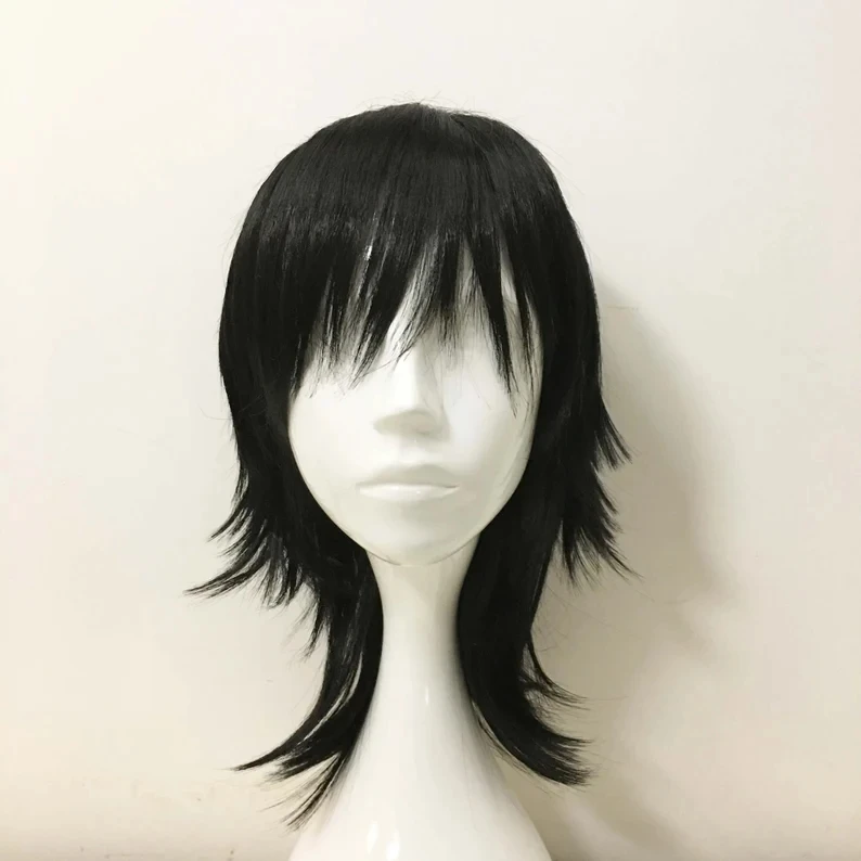 Medium Length Straight Cosplay Anime Wig Emo Wig Unisex Black Mullet Style Wig Layered Bangs Wig