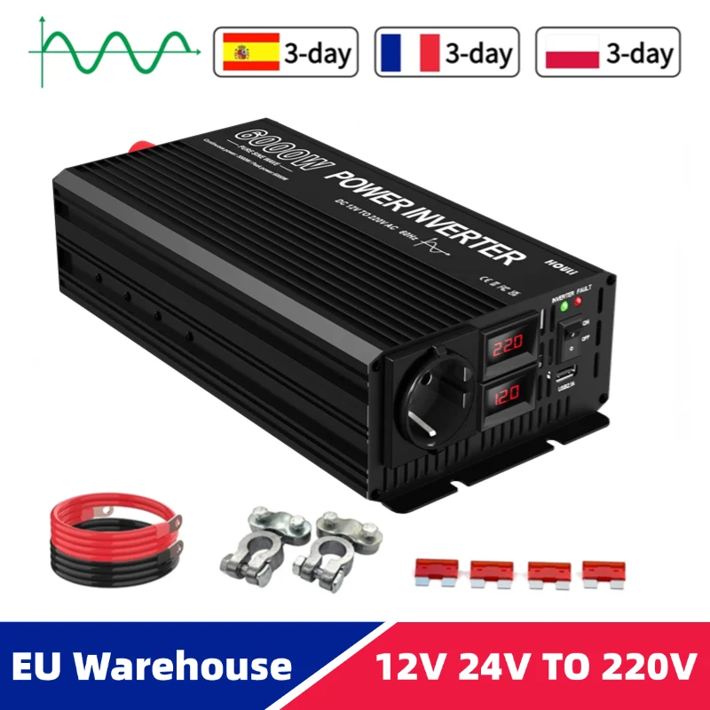 Inversor onda pura convertidor de corriente coche 12v 220v enchufe europeo 6000W convertitore da cc a ca