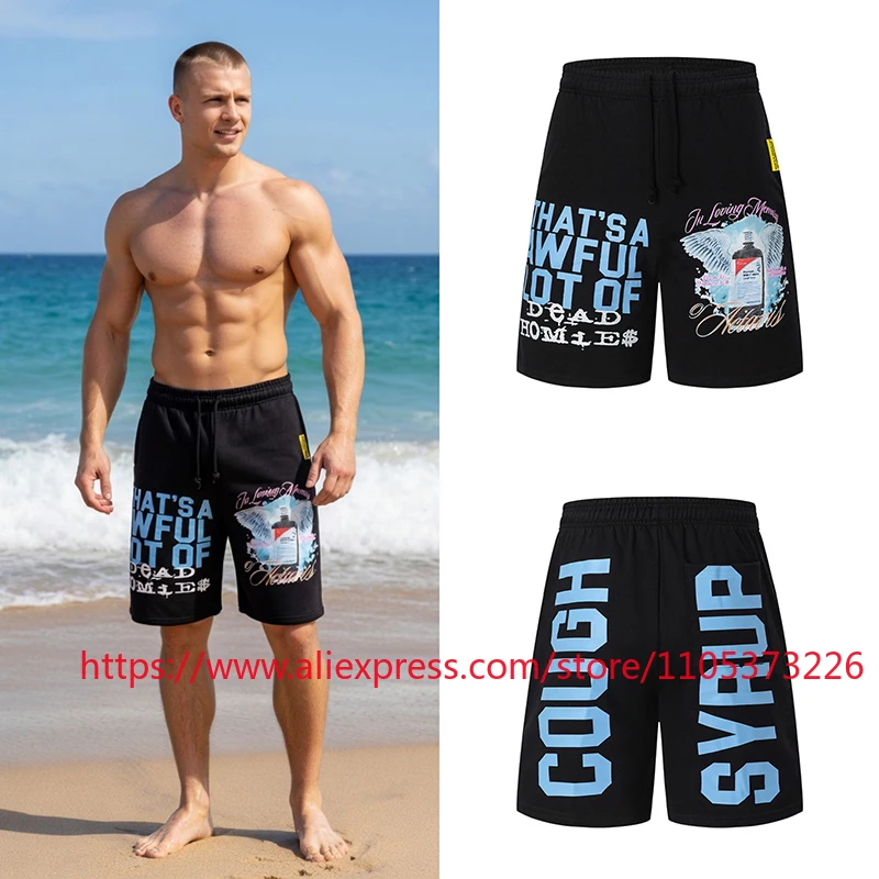 

2026 New Men's Letter Print Shorts, THAT'S A AWFUL LOT OF COUGH SYRUP Streetwear Casual Drawstring Beach Shorts