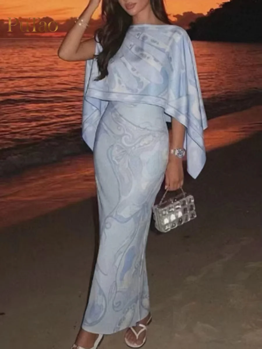 Putao Boat Neck Cape Two Piece Modest Maxi Dress Abstract Swirl Print Satin Kaftan Long Gown Ramadan Dubai Holiday Outfit