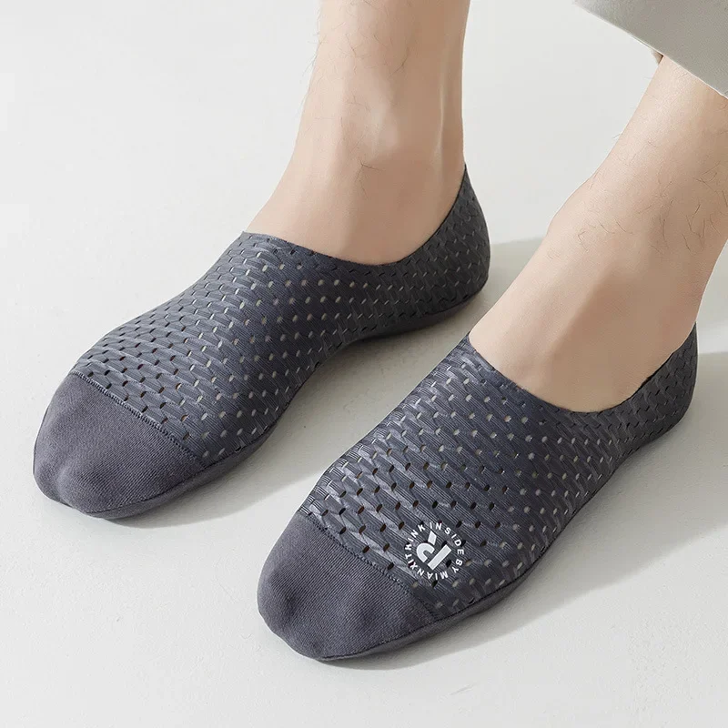 Mens Silicone Non-slip Socks Summer Hollow Out Mesh Breathable Invisible No Show Low Cut  Socks Solid Color Silk Sock Slippers