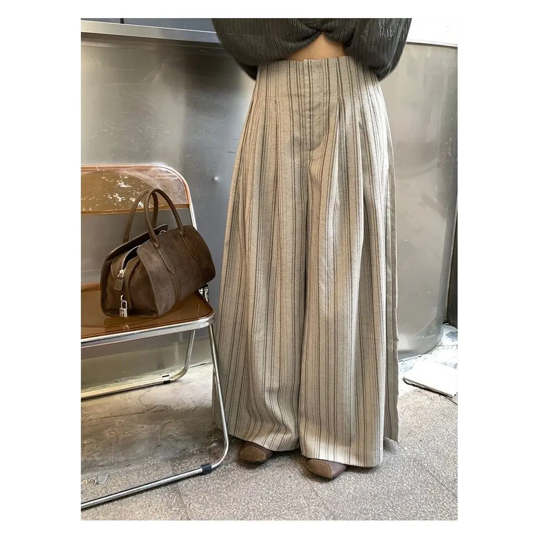 Simple Elegant Daily Commute Striped Wide-Leg Pants for Women Early Autumn New High-Waisted Slimming Floor-Length Pants