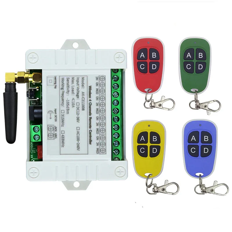 Smart Multiple DC 12V 24V 36V 433MHz 4 CH 4 Channel Wireless 10A Relay RF Remote Control Switch Receiver + 4CH Metal Transmitter