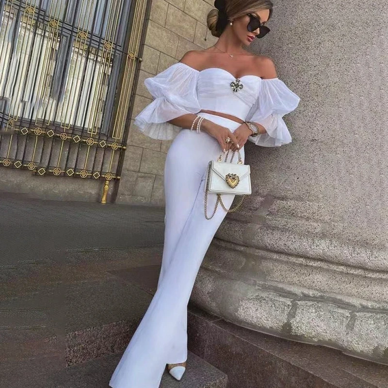 

High End Fuchsia Women Pant Set Strapless Women Top And Loose Long Pant Party Dress Office Lady Suits