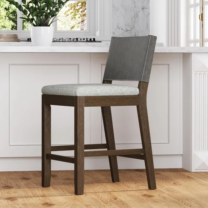 Linus Modern Upholstered Counter Height Bar Stool with Faux Leather Back and Solid Rubberwood Legs in a Wire-Brushed Dark