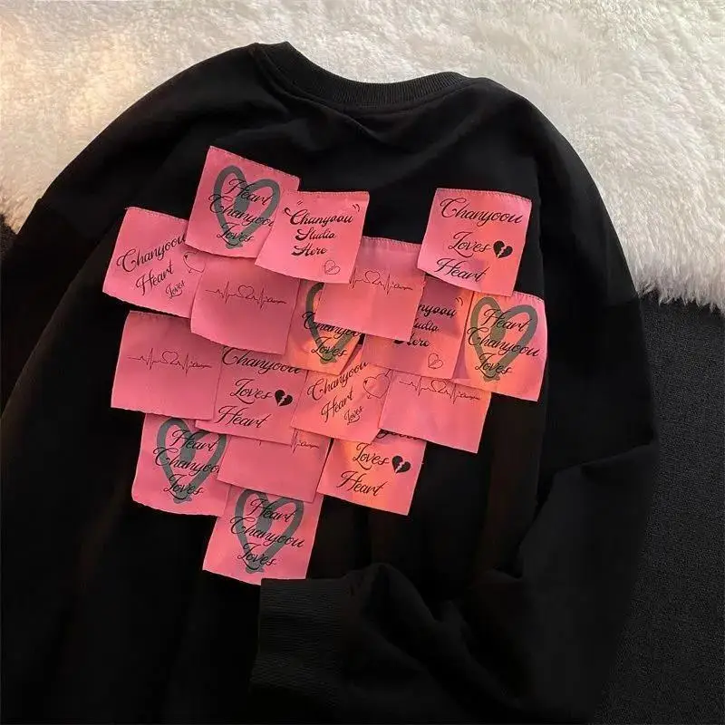 EBAIHUI Women Solid Color Sweater Ins Trendy Post It Notes Design Ladies Round Neck Sweatshirt Autumn Loose Long Sleeve Pullover