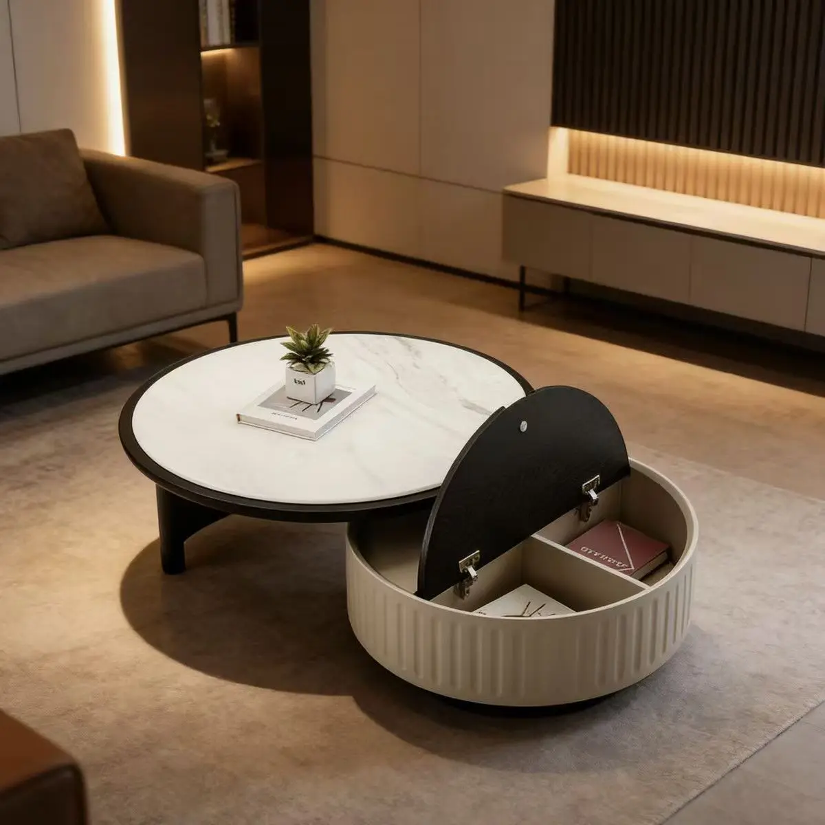 Nested coffee table set with marble finish and concealed storage
