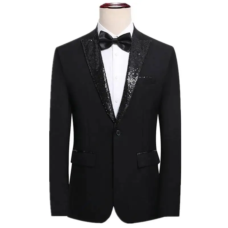 

New Autumn White Men Long Sleeve Suit Jacket, Wedding/Stage Performance Black Top Coat, European Size Sequin Decoration Blazers.