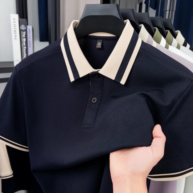 Trend high-quality short sleeve polo shirt personality color blocked lapel men's business casual breathable new summer T-shirt