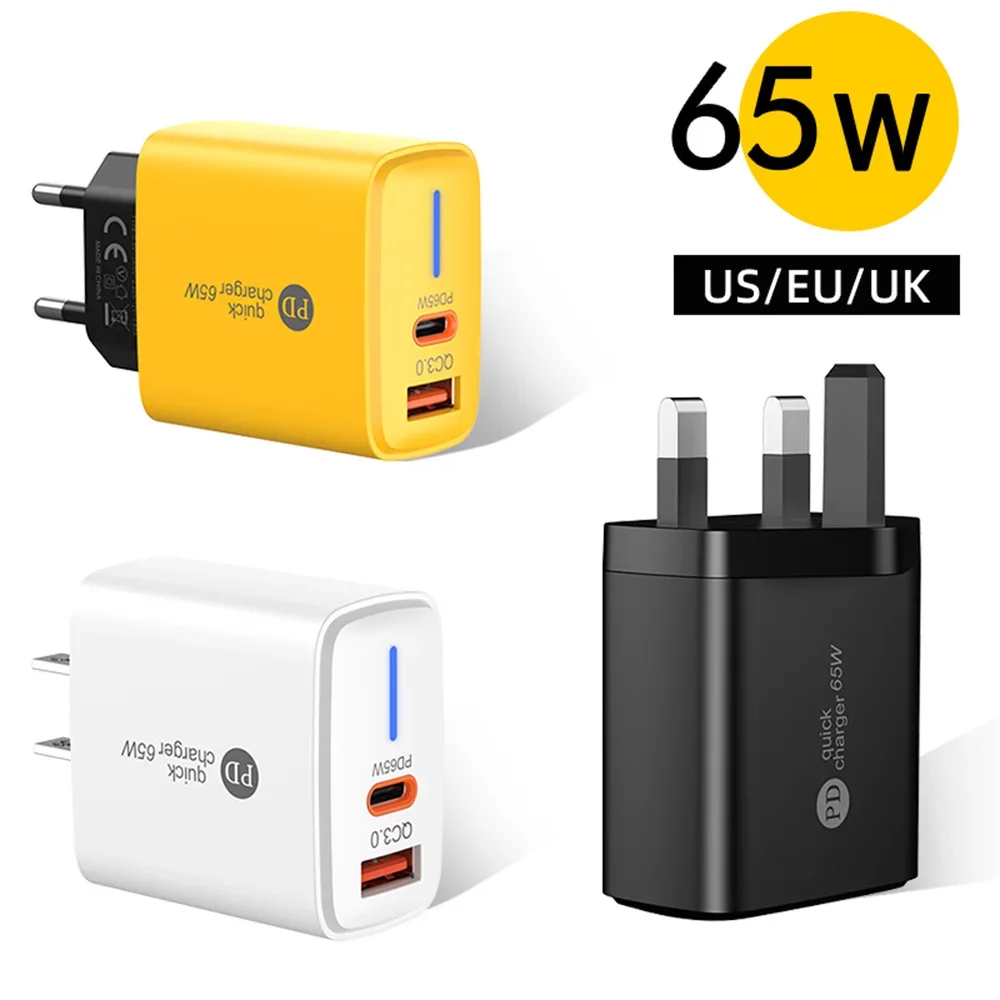 65W PD USB Fast Charging Charger USB C Quick Charge EU UK US Plug for iPhone Samsung Xiaomi Type-C Phone Charger Wall Adapter