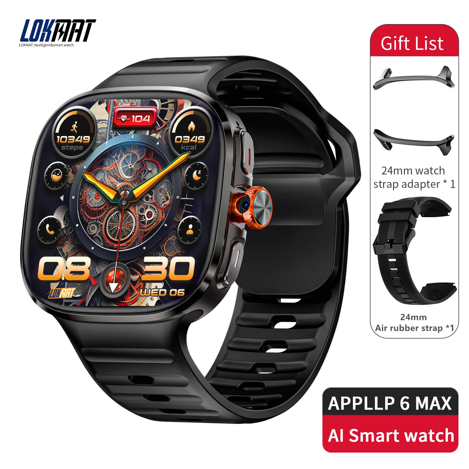 LOKMAT APPLLP 6 Max هاتف ساعة ذكية يعمل بنظام أندرويد شاشة AMOLED كاميرا دوارة 4G مكالمات هاتفية واي فاي مكالمات فيديو جهاز تعقب للياقة البدنية