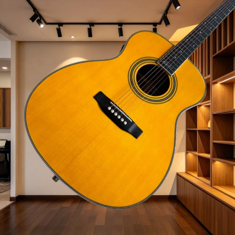 Amber 40 Inch 6 String 00028 Spruce Top Acoustic Guitar Binding Dot Inlay Perfect for Fingerstyle Singing Studio Recording Holiday Gift