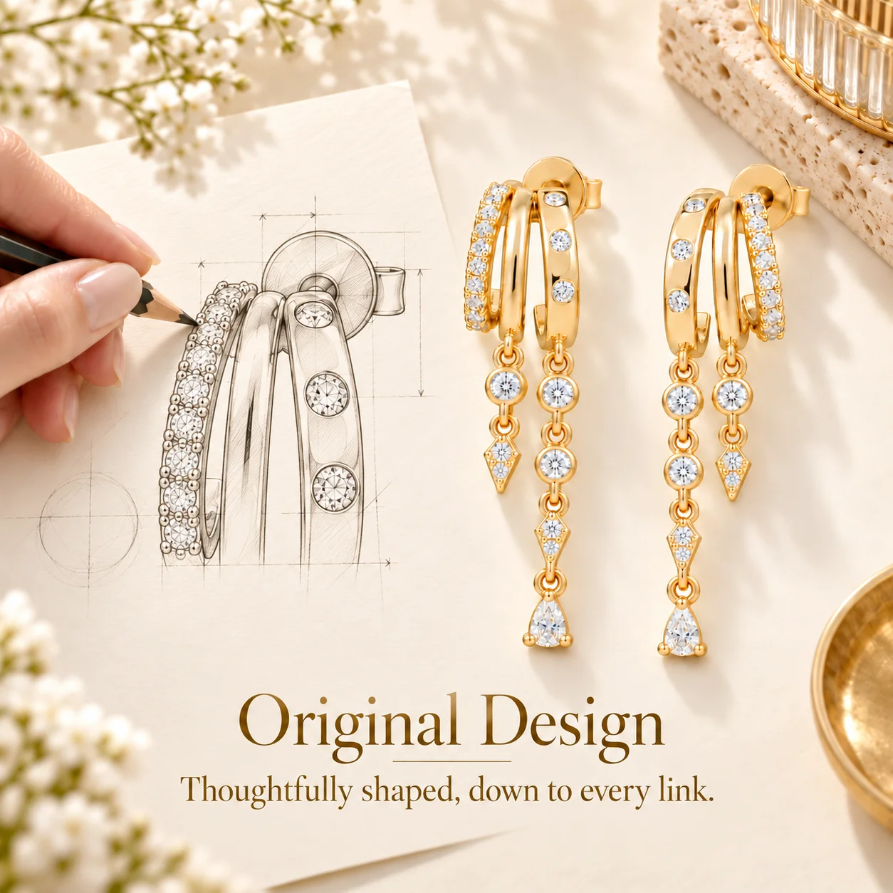 Moonmory Original Design Luxus-Birnen-Ohrringe für Damen mit Messing, 14K vergoldet, dreifache zarte Tropfen-Ketten-Ohrstecker – Detail 9