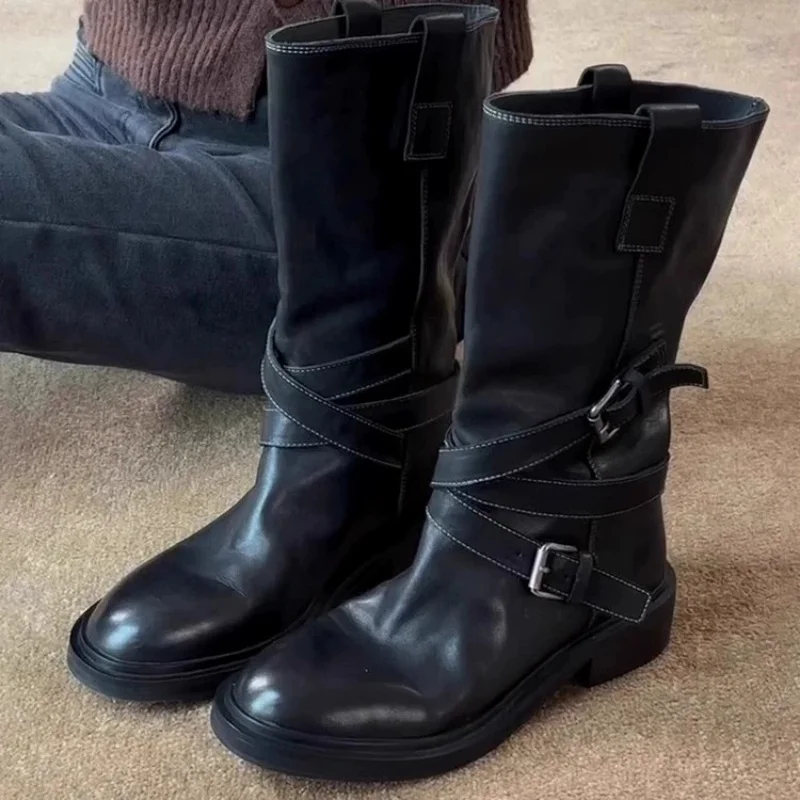 Retro Motorcycle Women's Mid Calf Boots Round Toe Mid Heels Solid Color Female Daily Boots Outdoor Quality Ladies Casual Shoes