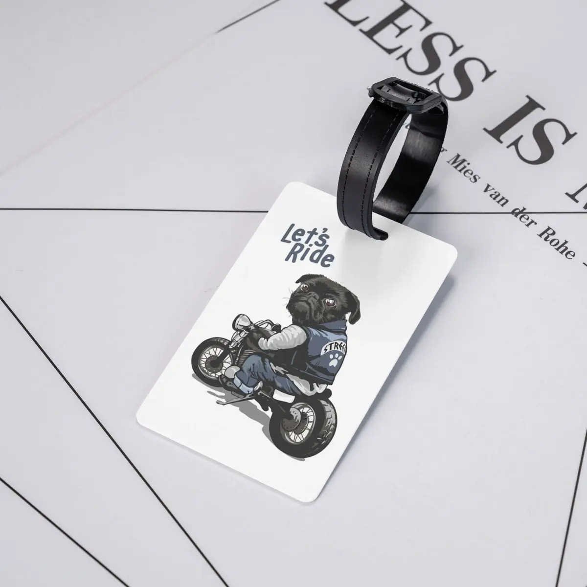 Let's Ride Motorcycle Big Bike Black Pug Dog Luggage Tags Suitcase Travel Baggage Boarding Tag Label Holder ID Name Address