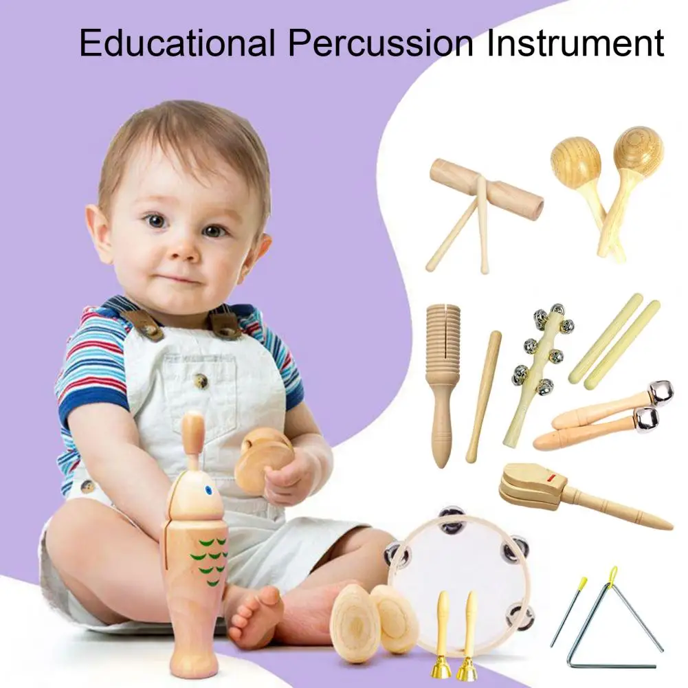 7/9/13Pcs Kids Musical Instrument Kit Wooden Maracas Castanets Clarinet Tambourine Triangle Educational Percussion Toy