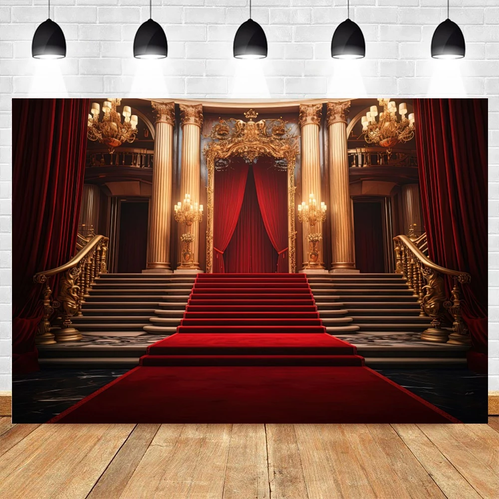 Luxurious Palace Backdrop for Photography Red Carpet Spiral Stairs Retro Palace Interior Adult Portrait Wedding Photo Background