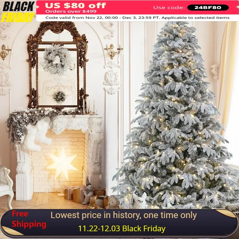 Christmas Tree, 7.5 Ft, with 10 Function Lights, Multi-Colors, Metal Base, 2643 Tips, 400 Lights,Prelit Flocked Christmas Tree