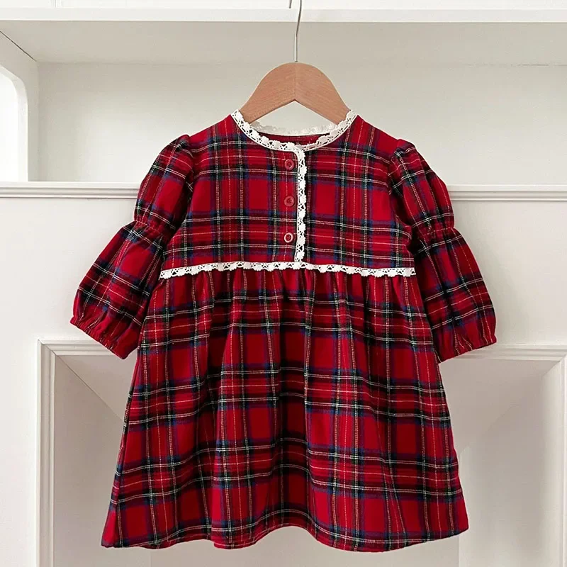 2024 New Autumn 2-6Yrs Girl Party Dress Long Sleeved Cotton Grid Baby Girl Romper Kids Princess Dresses Christmas Sister Dress