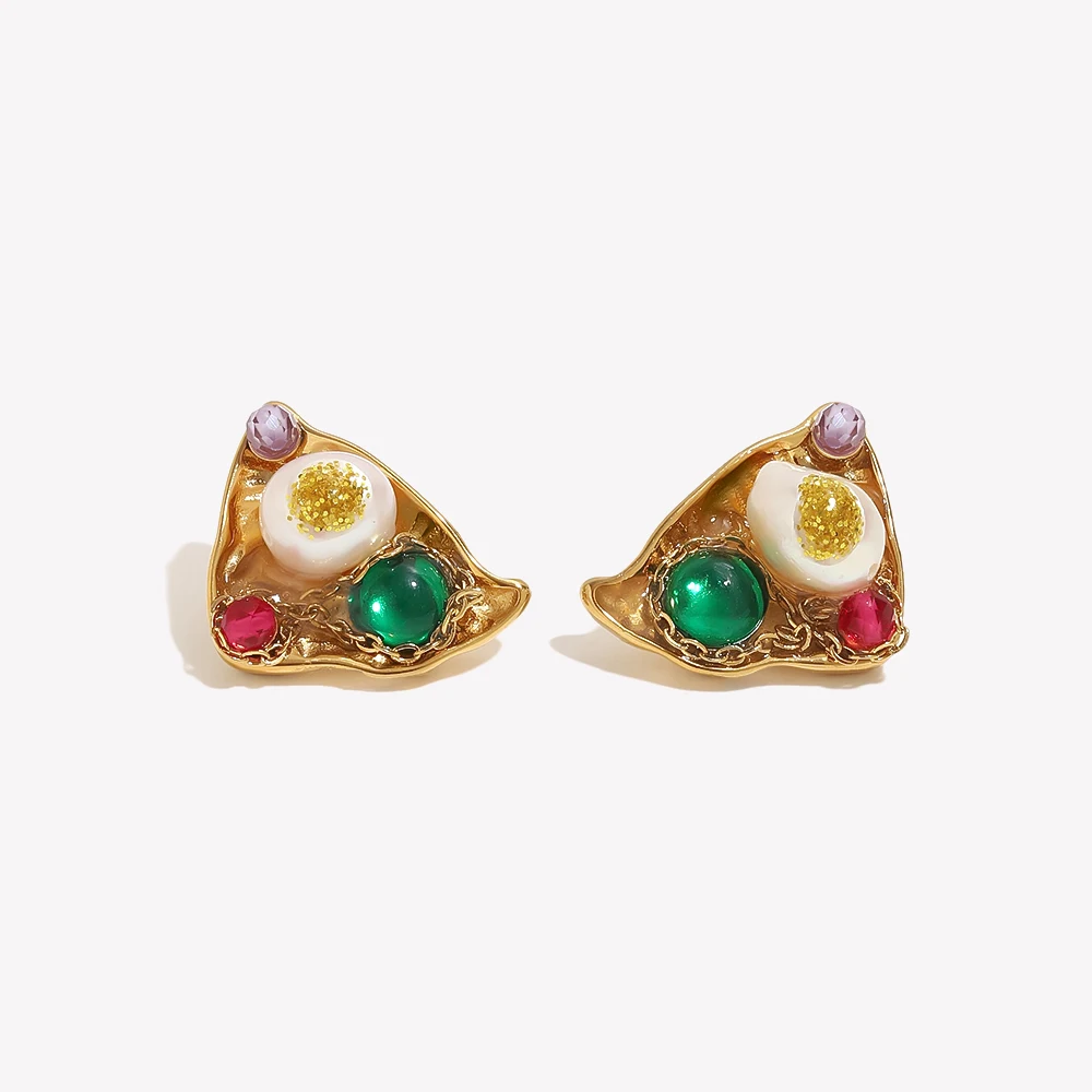 E.B.belle Molten Irregular Baroque Pearl CZ Stud Earrings 18K Gold Plated Stainless Steel Earrings For Women Fashion Jewelry