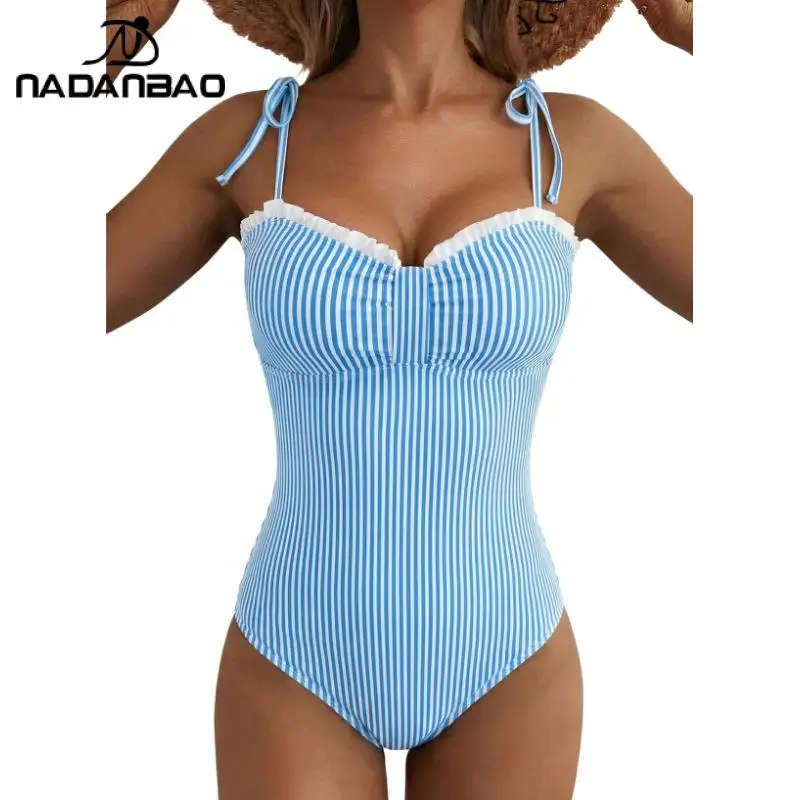 Nadanbao Vintage Women's Striped One-Piece Swimsuit Shoulder Lace-Up Swimwear Ruffle Trim Bathing Suit Beach Vacation Swimsuit