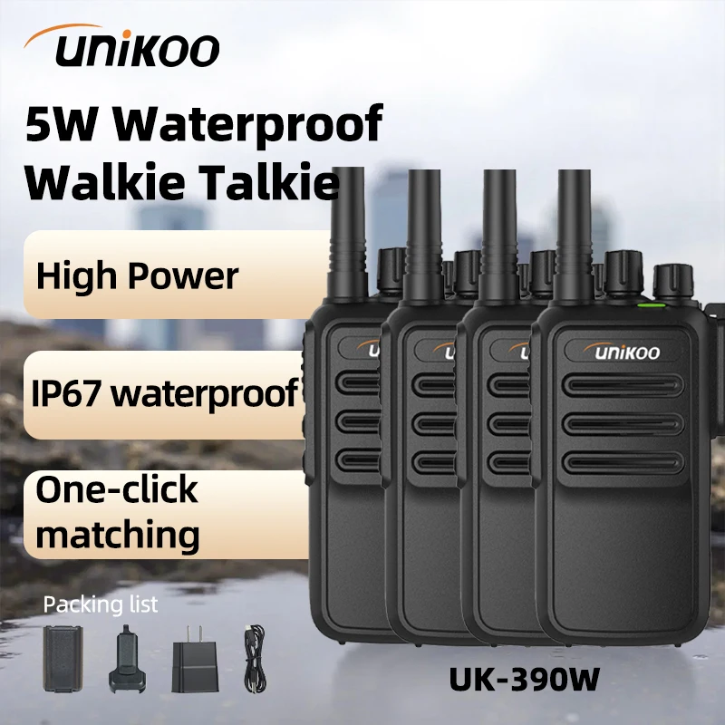 

4 PCS UNIKOO UK390W 5W Walkie Talkie 4pcs Long Range 3-5Km Powerful IP67 Waterproof VHF or UHF durable Two Way Radio Station