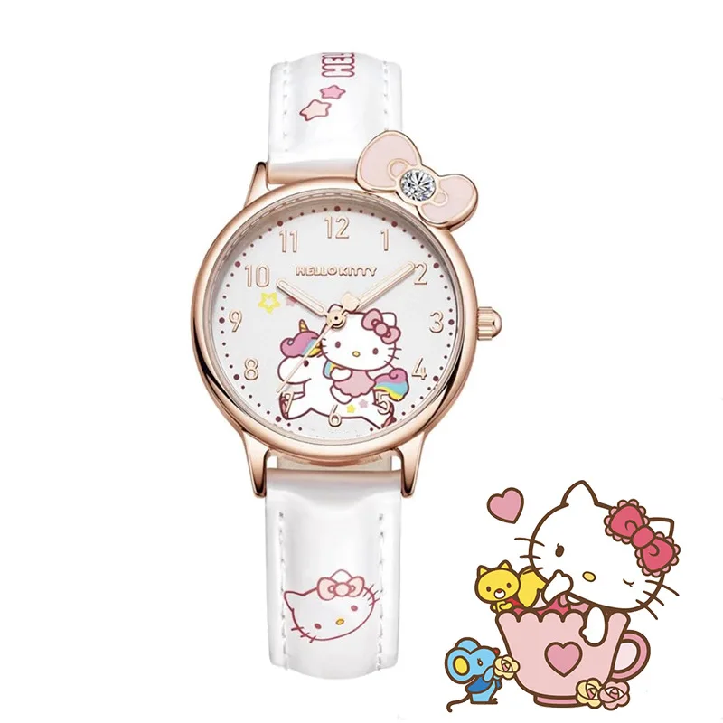 Sanrio Water Resistant Watches Kawaii Cartoon Anime Hello Kitty Kuromi Cinnamoroll High Quality White Leather Watch Girl Gifts