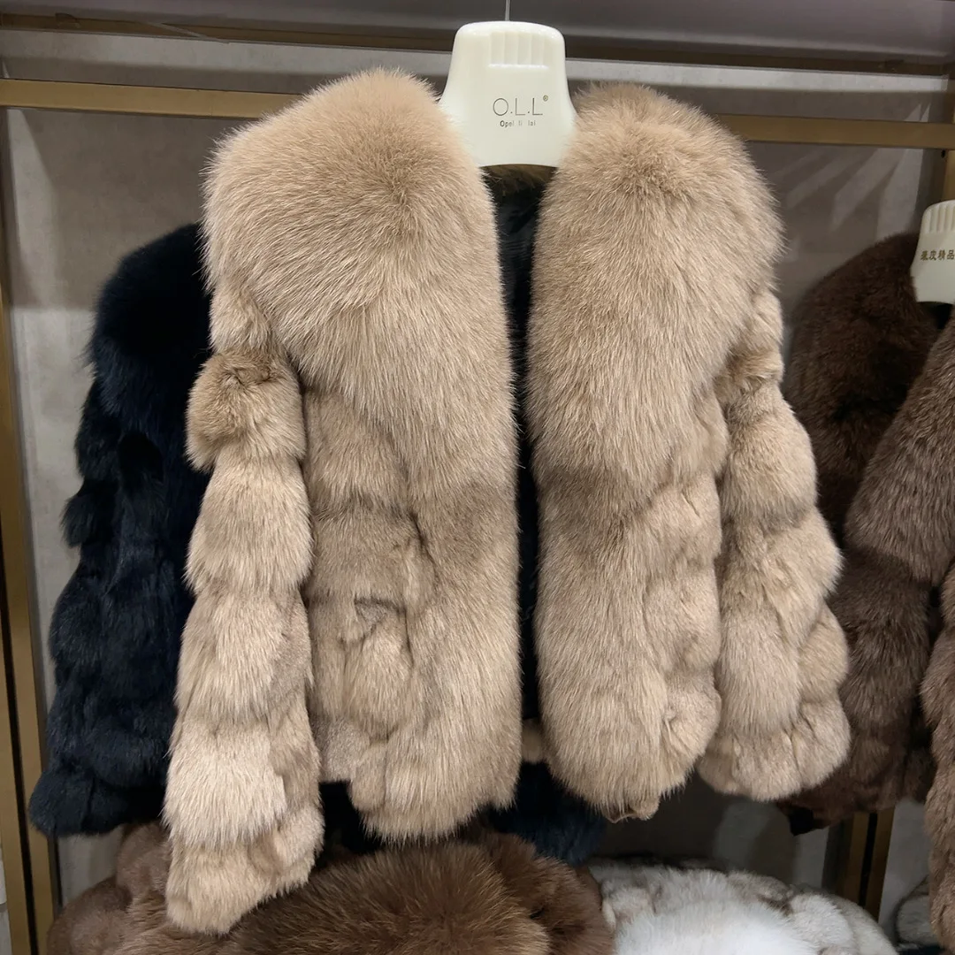 New women's natural real fox fur coat with fox collar for winter fashion and warmth short fox fur leather jacket HUA QIU MEI SI