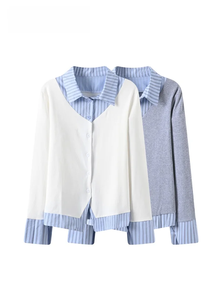 

Женская модная блузка больших размеров с полосатыми вставками, весна 2026, приталенная, из смесового хлопка и полиэстера, на одной пуговице...