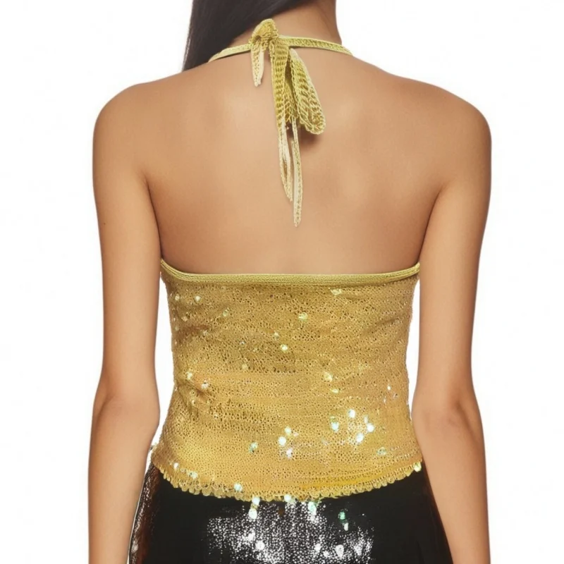 Women Knit Bling Sleeveless Halter Tops Summer Shiny Sequins Tie up Backless Shirts for Streetwear Aesthetic Grunge Clothes